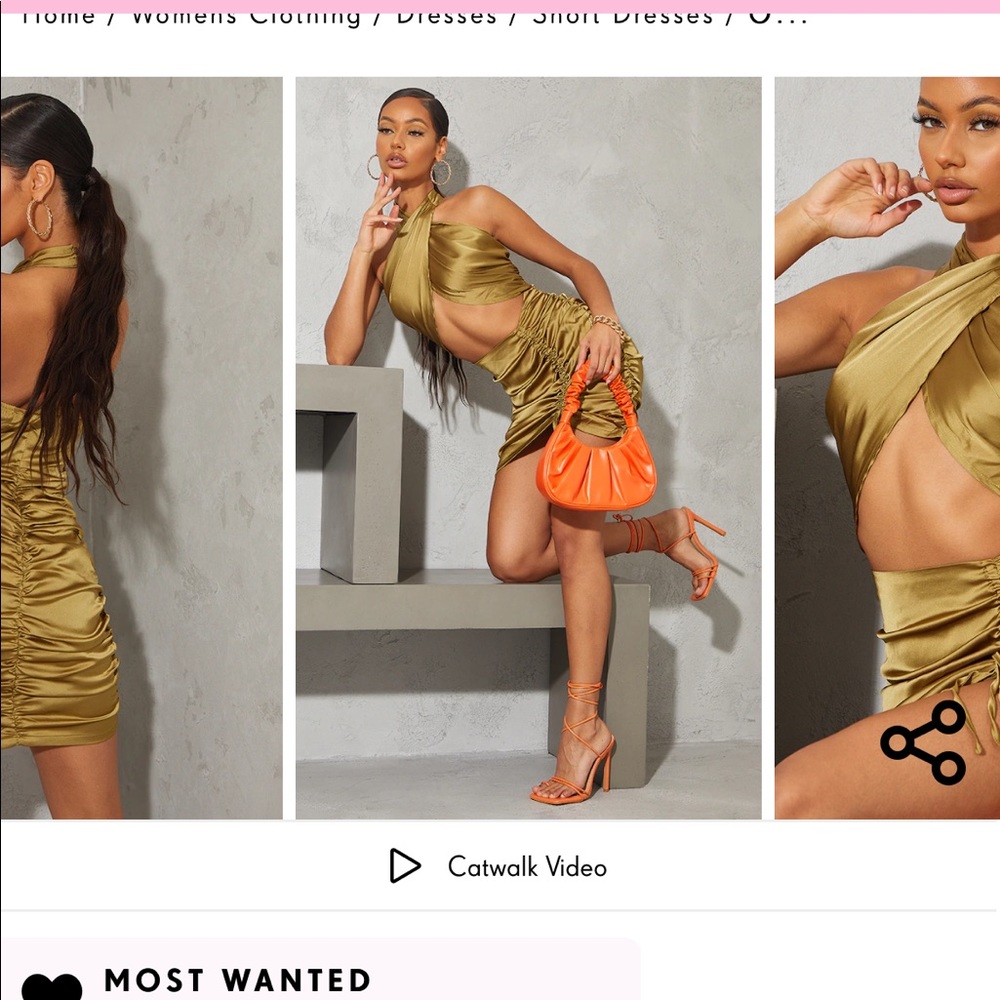 Olive Satin Halterneck Cut Out Ruched Bodycon Dress